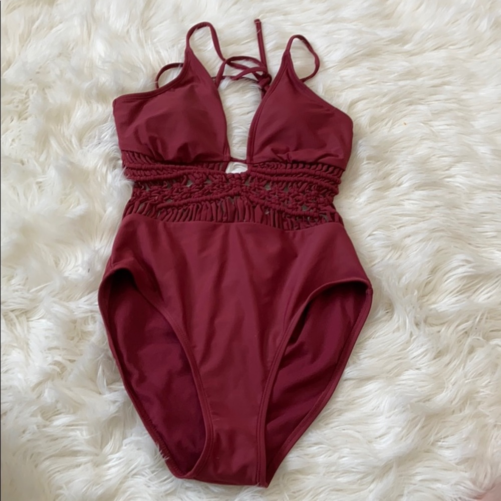 Sexy maroon swimsuit with low back and cutouts